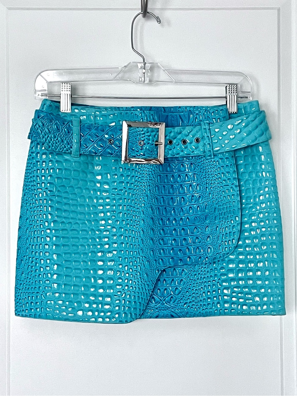 MIA VESPER Obscura Turquoise Alligator Tiny Croc Skirt Belted Embossed Shiny
